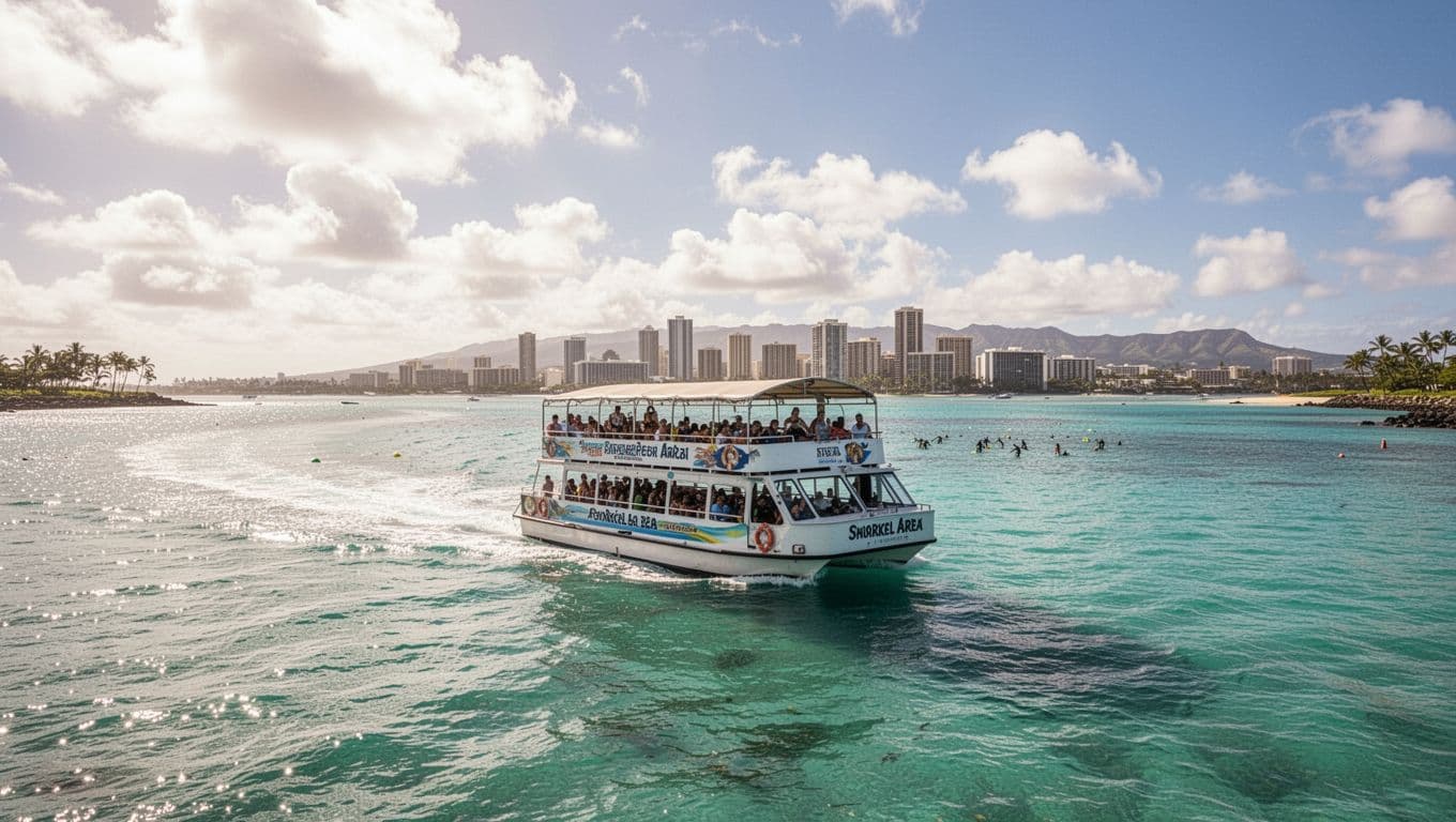 Double-decker tour boat glides over turquoise ocean near Oahu coast toward snorkel spot with distant Honolulu skyline.