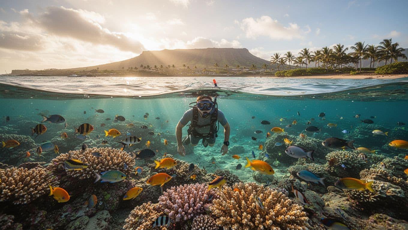 Snorkeler partially submerged views vibrant coral reef and colorful fish in pristine turquoise ocean under soft golden morning sunlight, with distant Oahu shoreline and palm trees.