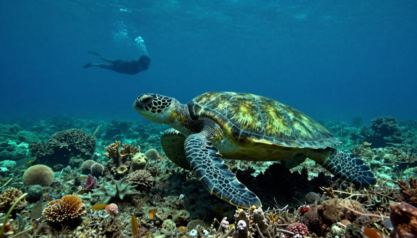 Green sea turtle swims amid corals and fish with distant swimmer silhouette at Oahu Electric Beach reef.