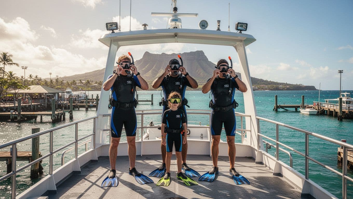 Diverse adults and child prepare masks and fins on double-decker boat deck, Diamond Head volcano in background.