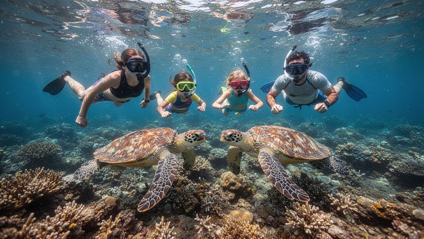 Family of two adults and two kids snorkels near two green sea turtles in calm Oahu waters with vibrant reef below.