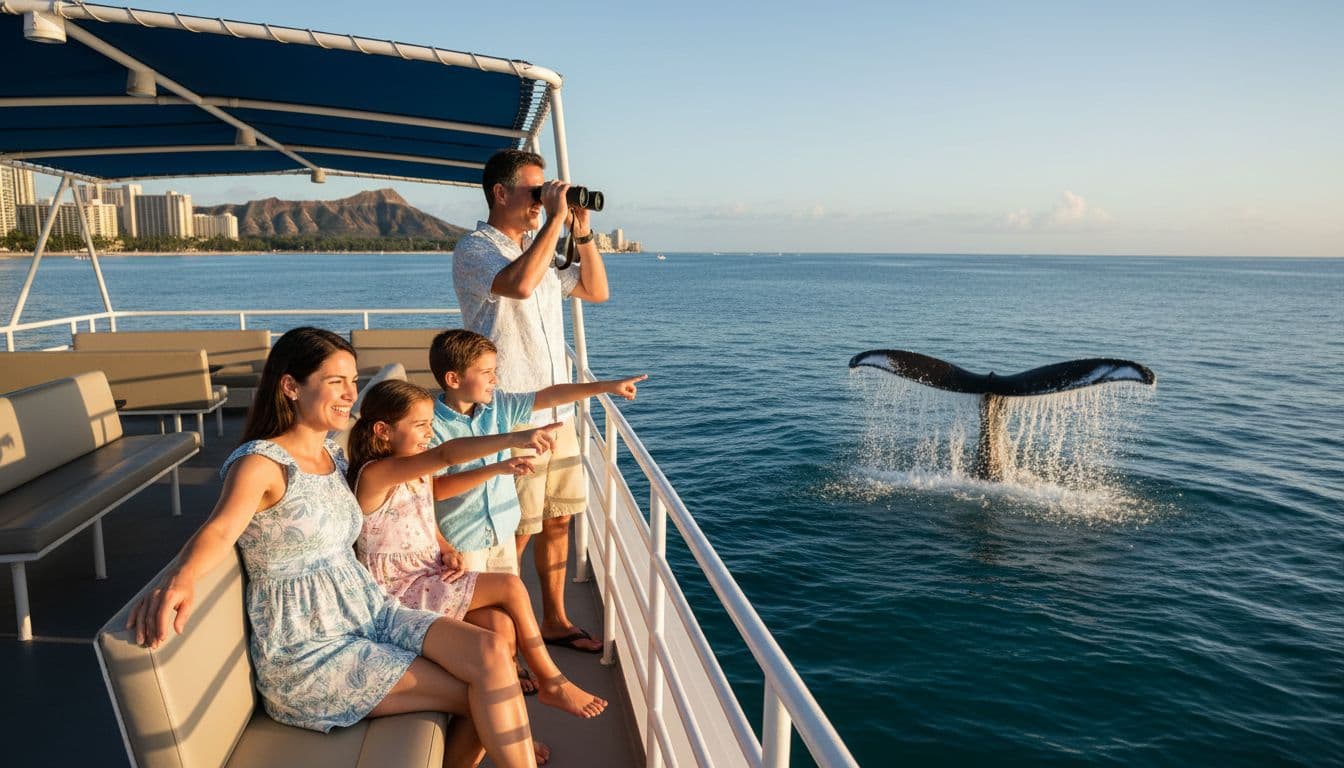 Excited family of four on upper deck of double-decker tour boat off Waikiki, Oahu, pointing at distant humpback whale fluke slap with father using binoculars in sunny afternoon light.