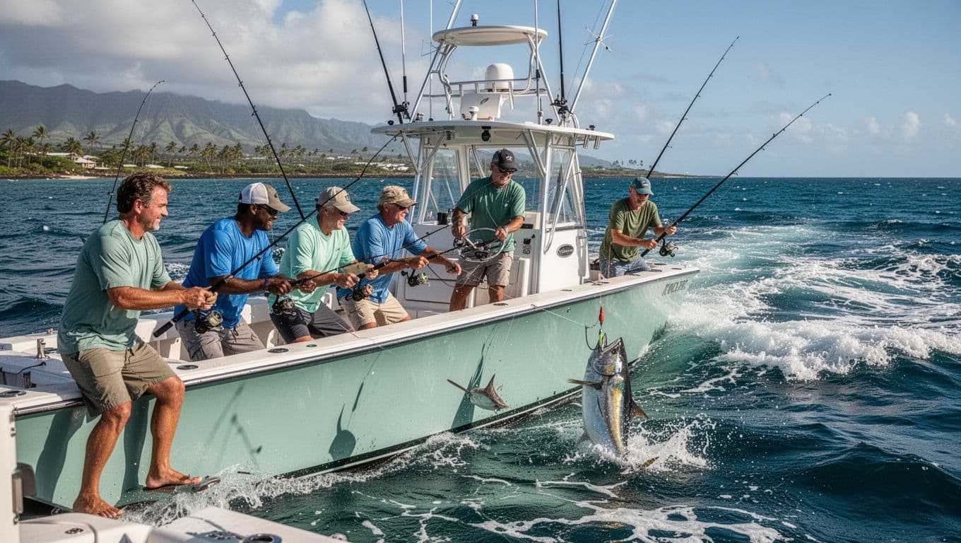 Compact charter boat cuts through choppy ocean waves near Oahu coast with five anglers over rail and captain at helm.