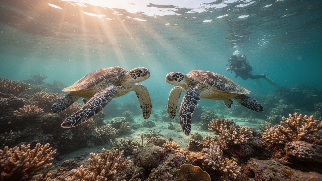 Hawaiian green sea turtles glide near vibrant coral reef in turquoise waters off Oahu, distant snorkeler silhouette amid golden light rays.