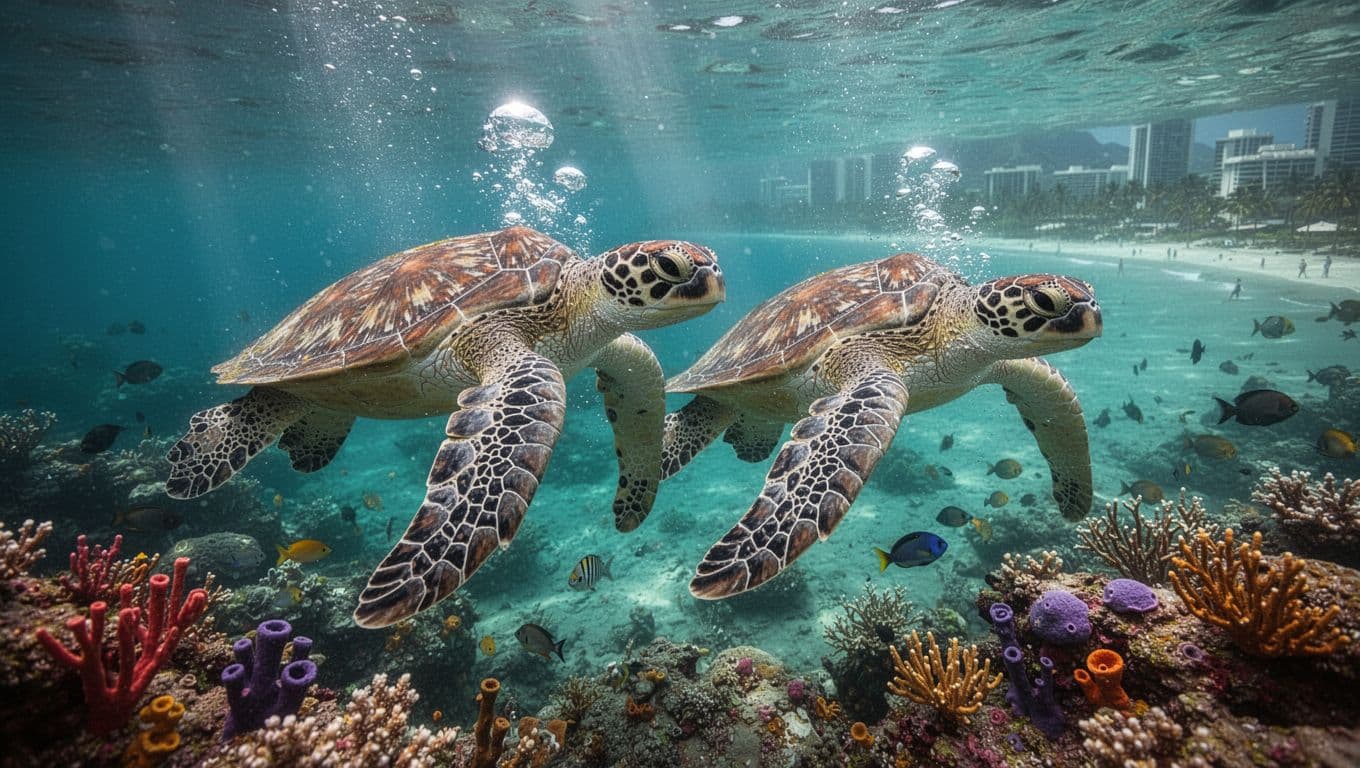 Two Hawaiian green sea turtles swim gracefully near a vibrant coral reef in clear turquoise ocean waters off Oahu, with Waikiki coast in the background. Cinematic underwater scene features dramatic lighting, high detail on shells and fins, and natural bubbles.