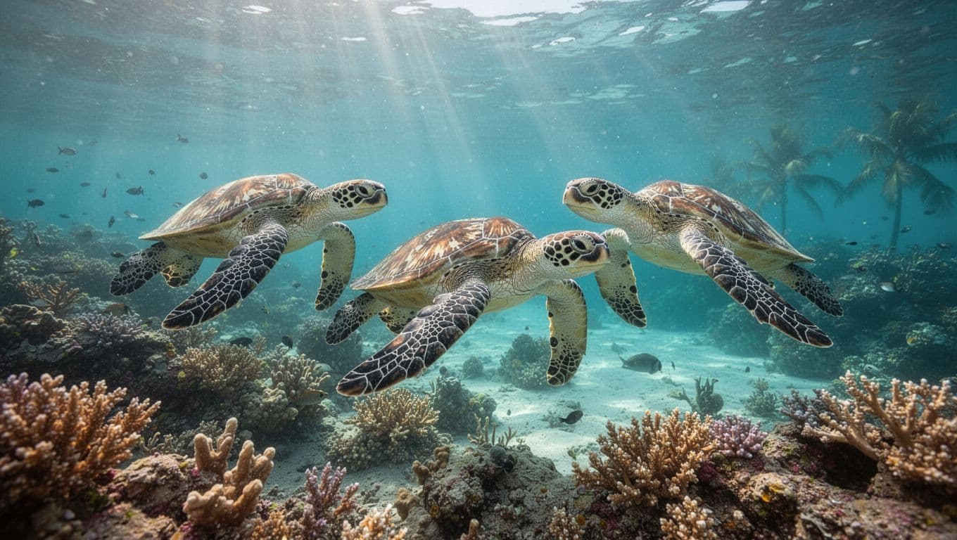 Three Hawaiian green sea turtles glide near colorful coral reefs in crystal-clear turquoise waters off Oahu's coast, with sunlight beams creating dramatic underwater lighting.