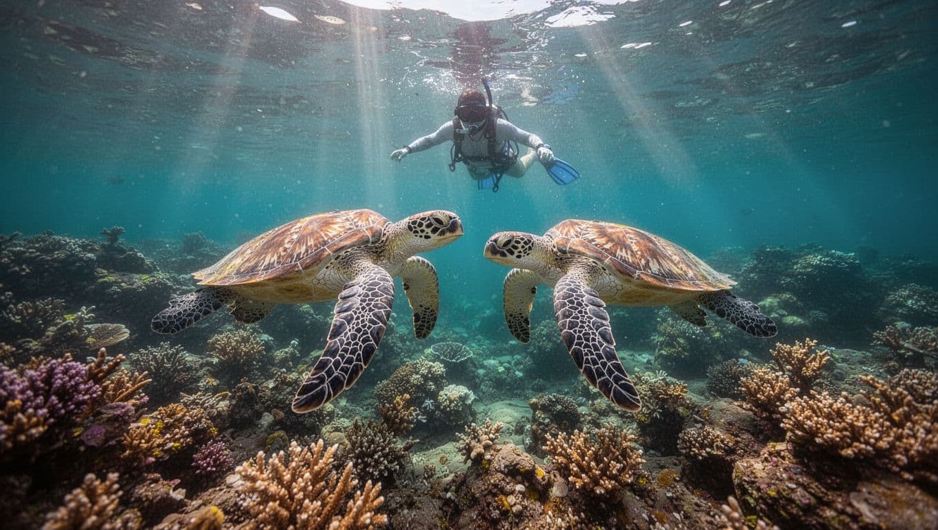 Two green sea turtles swim in turquoise waters near a coral reef with sunlight beams and a snorkeler above.