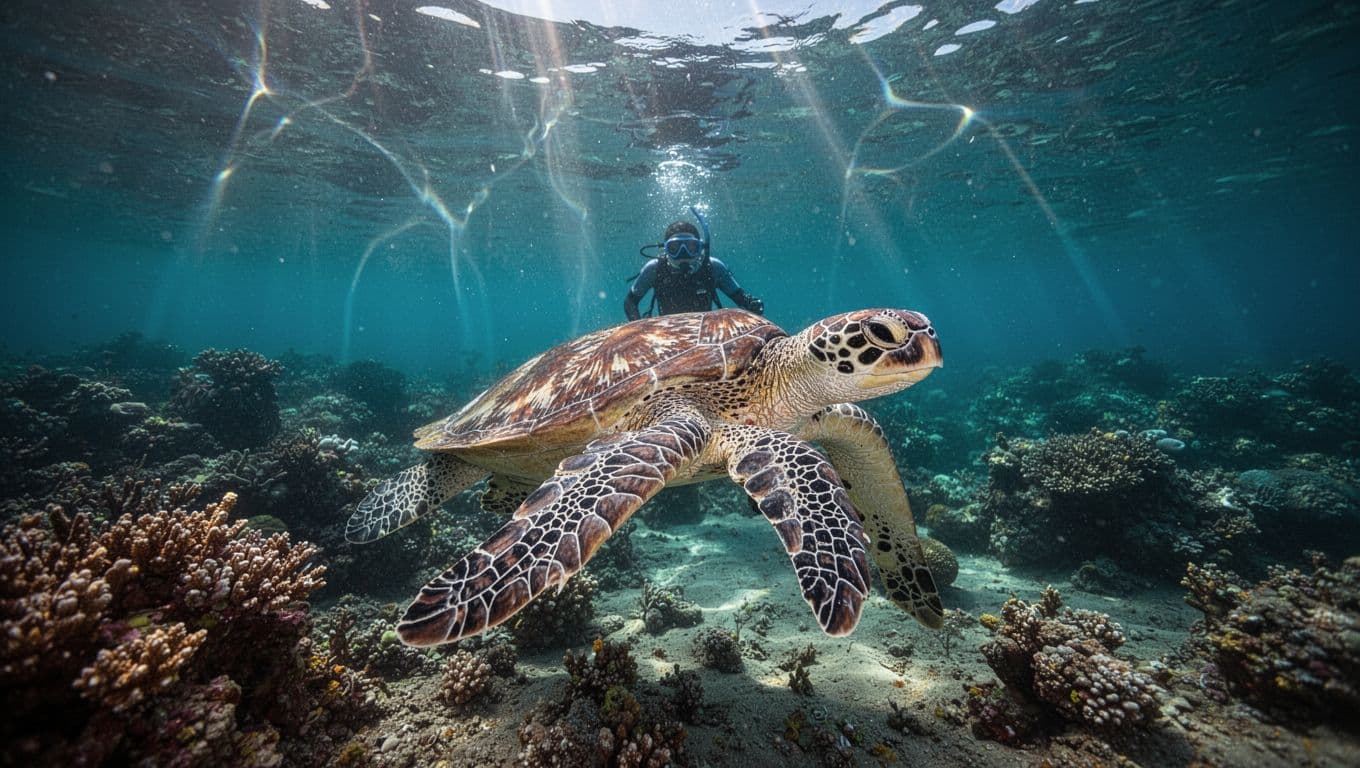 Green sea turtle glides near vibrant coral reef in turquoise waters off Oahu with sunlight caustics and distant snorkeler.