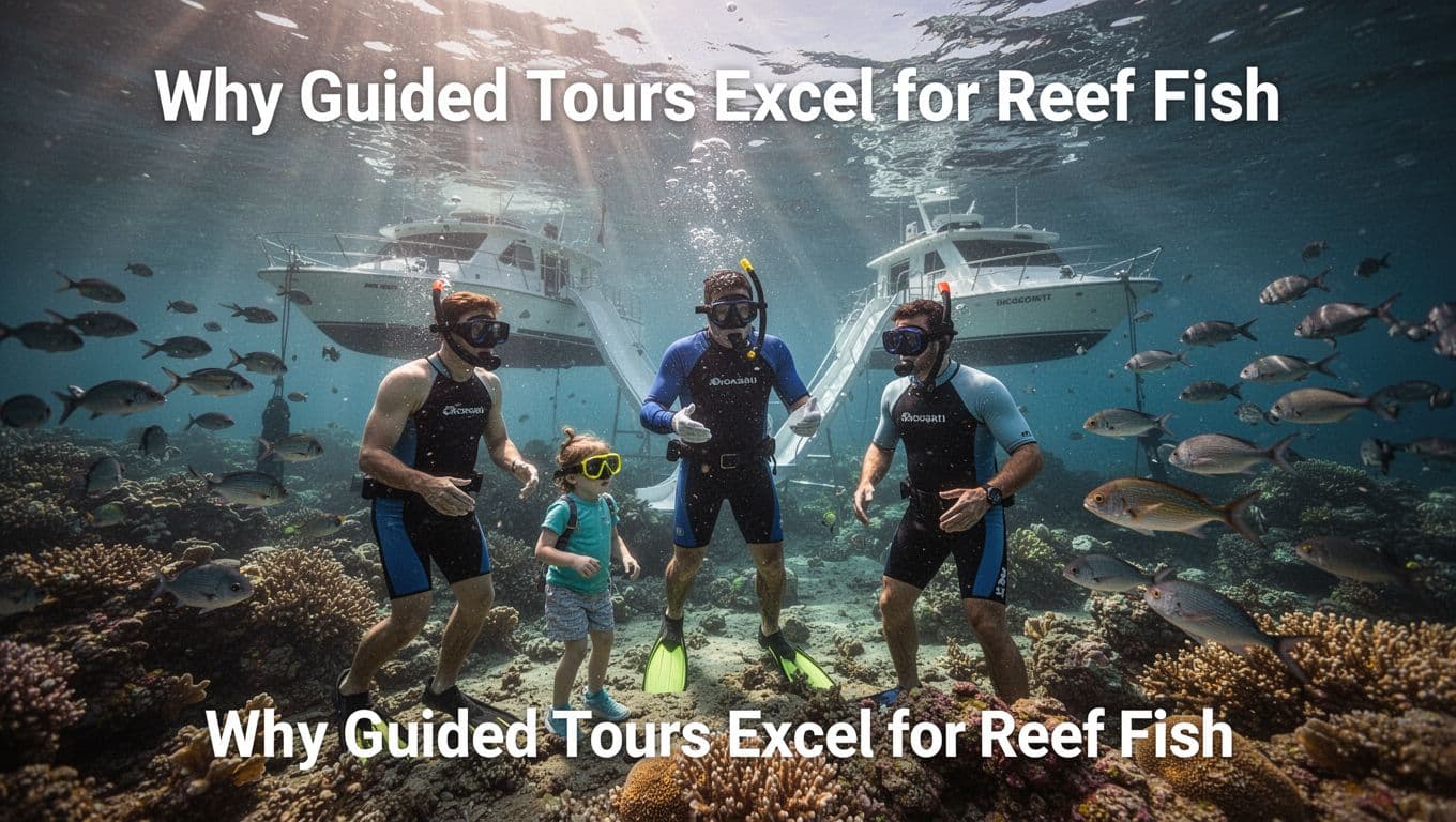 A professional snorkel guide leads two adults and one child through clear Oahu waters at a vibrant coral reef, observing schools of reef fish safely without touching, with an anchored boat featuring a water slide in the sunny background and dramatic underwater light rays.