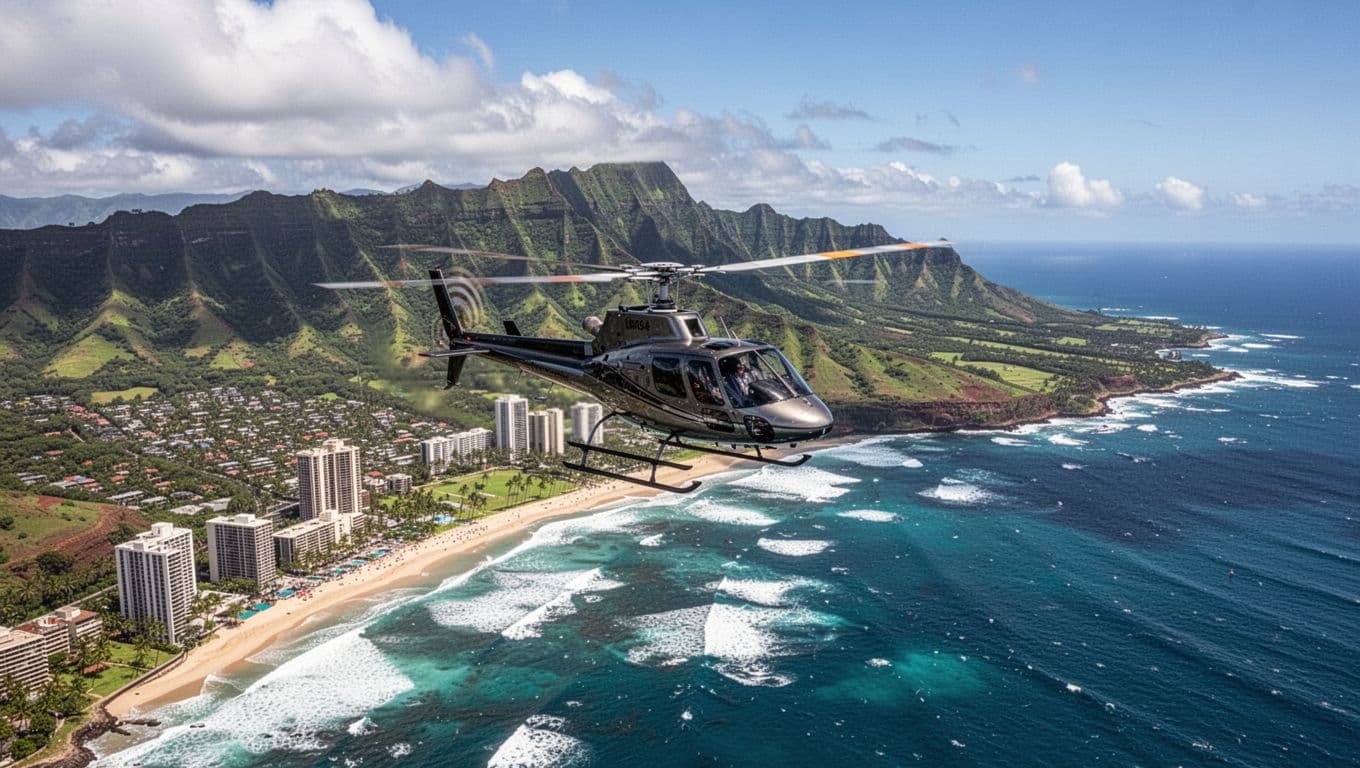 A helicopter flies over lush green mountains and Oahu's coastline, with Waikiki Beach and crashing ocean waves visible below in a cinematic daytime aerial view with clear skies and dramatic lighting.