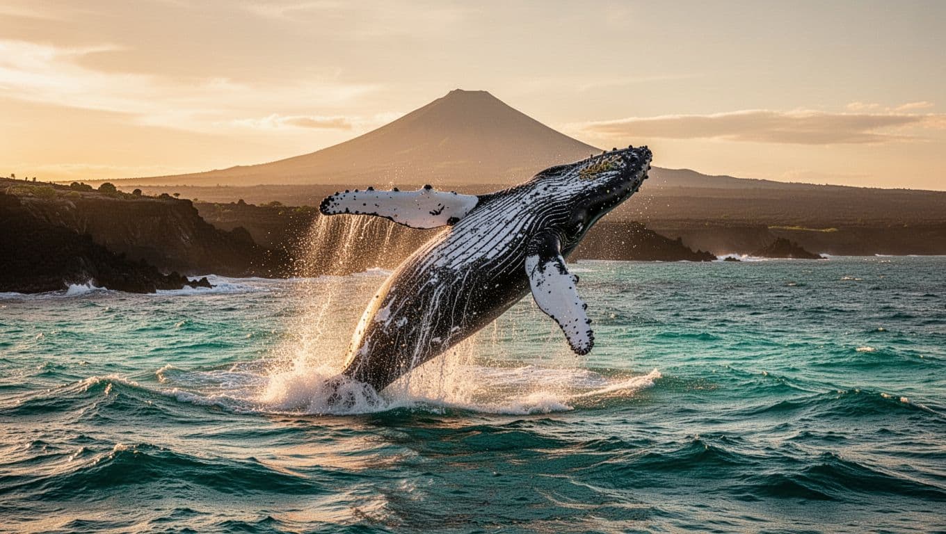 Humpback whale breaching from turquoise ocean waters off Oahu's coastline with Diamond Head volcano in the background, dynamic waves, cinematic golden hour lighting.