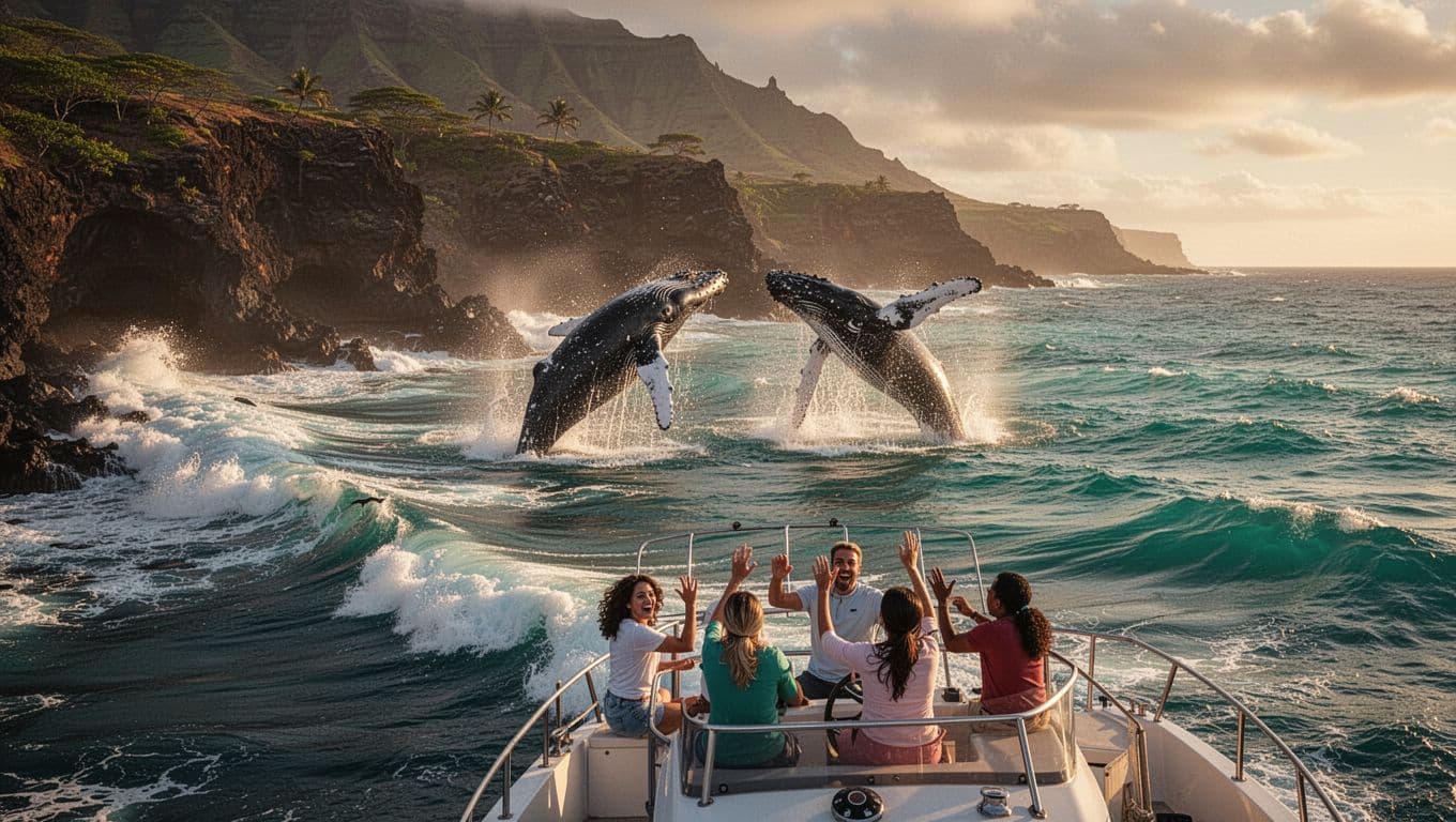 Two humpback whales breach near Oahu coastline as four people watch excitedly from tour boat deck amid turquoise waves.