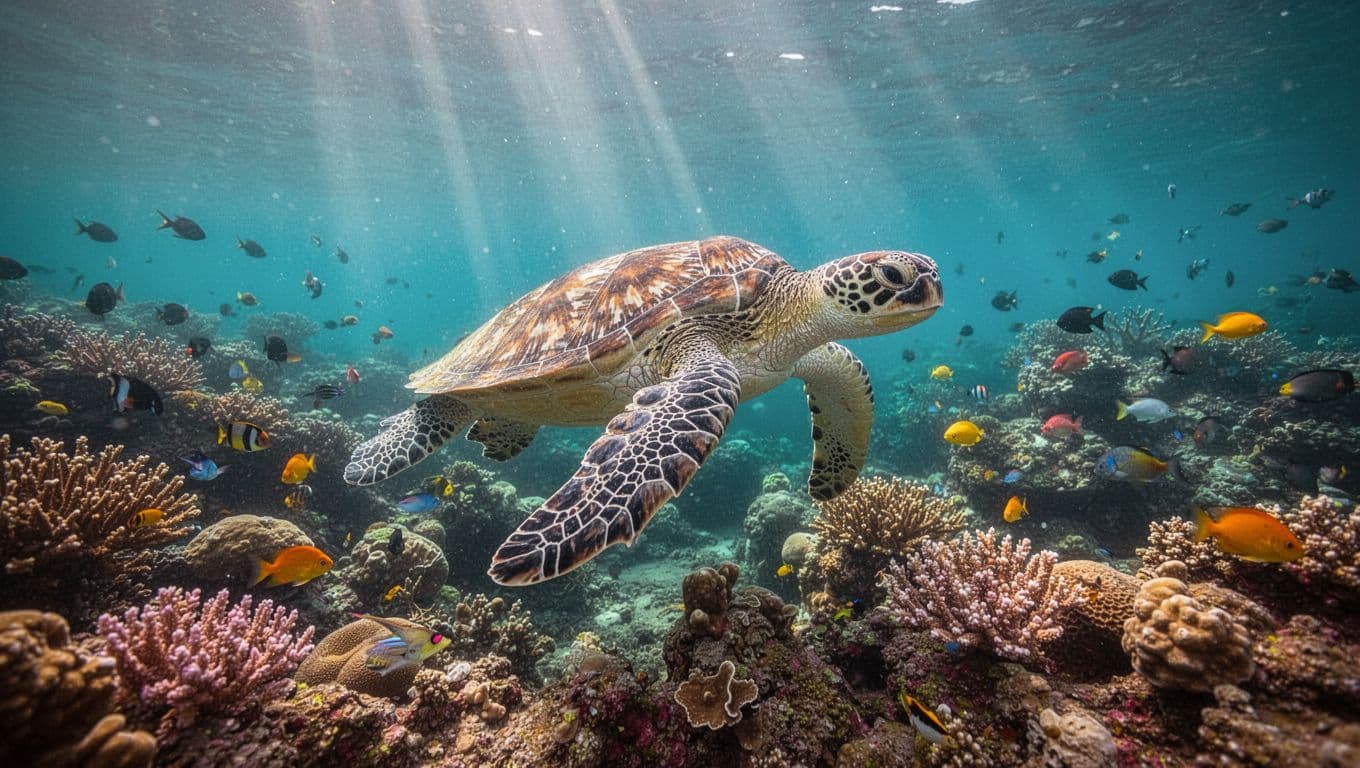 Green sea turtle glides over vibrant Oahu coral reef with colorful fish schools in clear turquoise water.