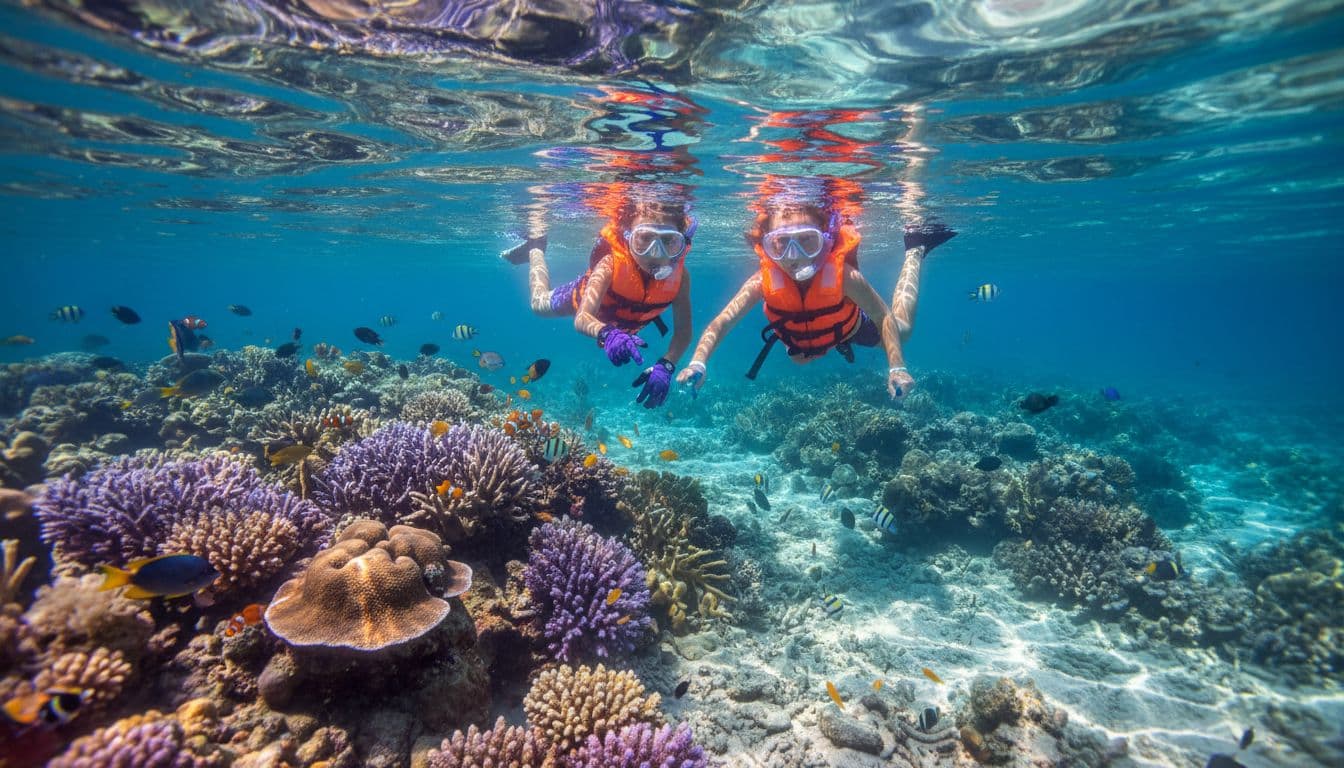 Two young kids in life vests float with snorkels amid colorful fish and coral in clear shallow waters.