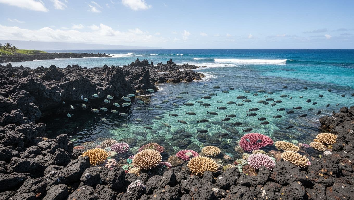 Panoramic view of Oahu's rugged lava rock shoreline featuring a calm turquoise bay ideal for shore entry snorkeling, with black rocks extending into clear water revealing fish schools and coral heads under dramatic sunny lighting.