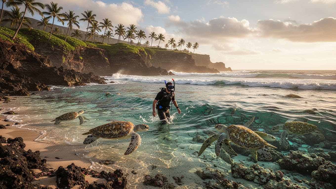 A snorkeler enters clear water from a rocky Oahu beach like Makapuu Point, with green sea turtles visible underwater near the reef, palm trees, ocean waves, and golden hour lighting in a cinematic style.