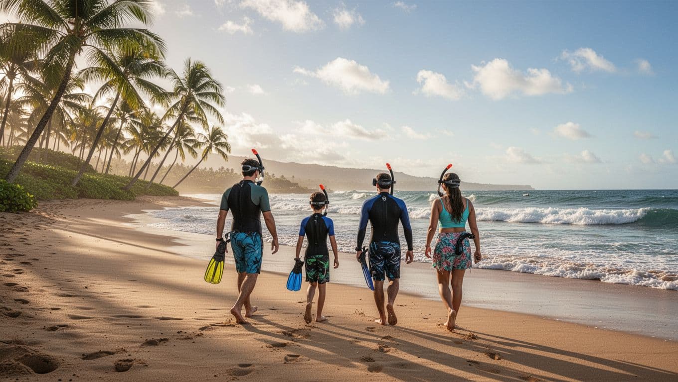Family of four carries snorkel gear toward calm waves on sandy Oahu beach with palm trees and clear sky.