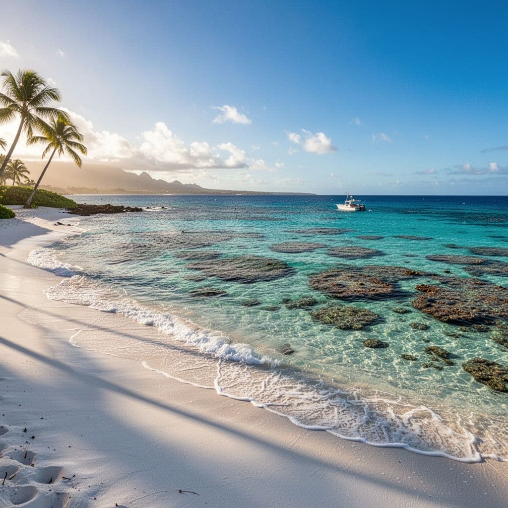 Turquoise water reveals shallow coral reefs in sunny Oahu bay, gentle waves on sand beach, one distant boat.