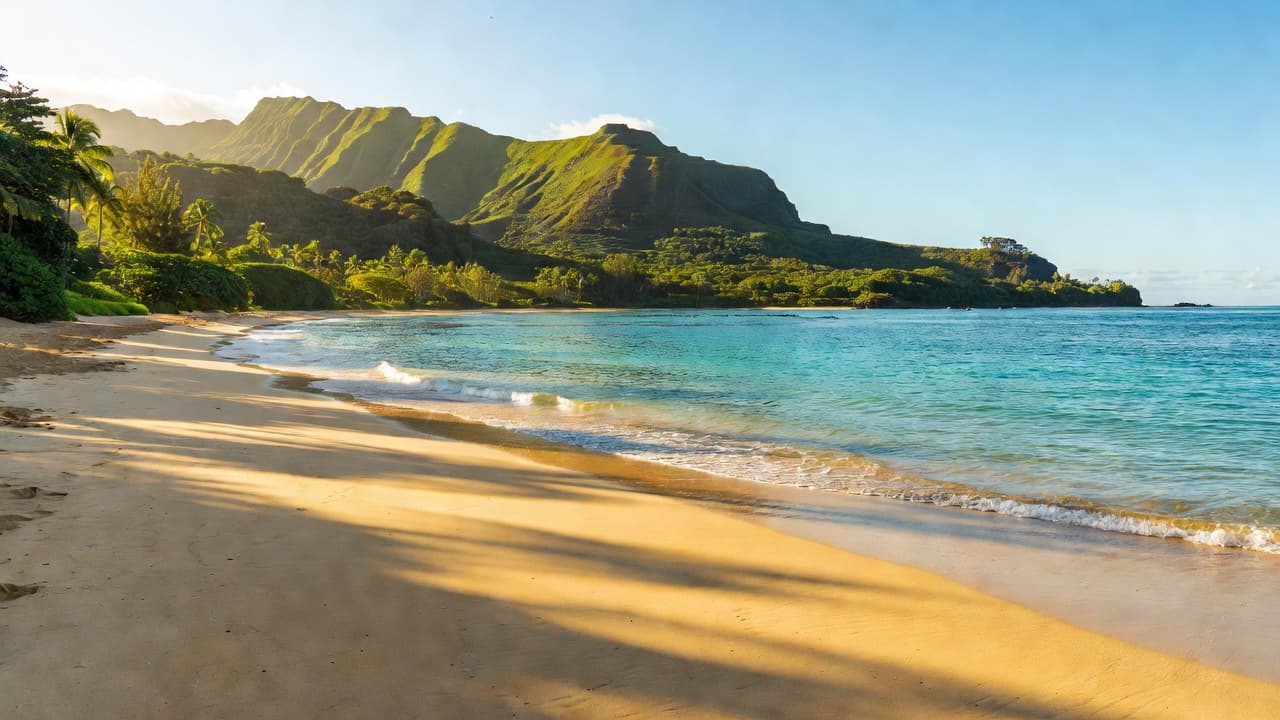 Gentle turquoise waves roll onto the golden sand of a deserted shoreline. Lush green mountains rise sharply in the distance under a warm, dramatic light that illuminates the tropical coastal scenery.