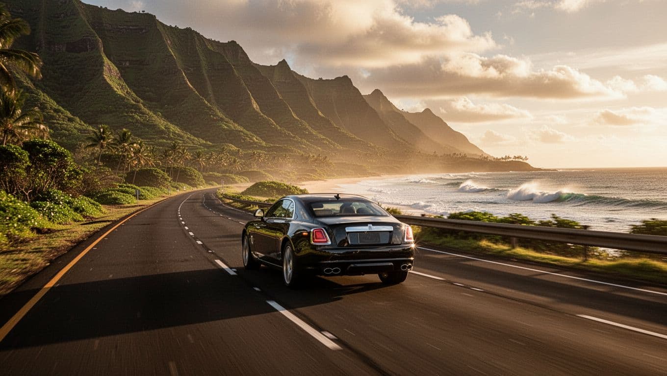 Scenic drive along Oahu's North Shore with lush green mountains, ocean waves crashing on the beach, and a luxury car heading toward Honolulu in golden hour lighting with cinematic style and dramatic contrast.