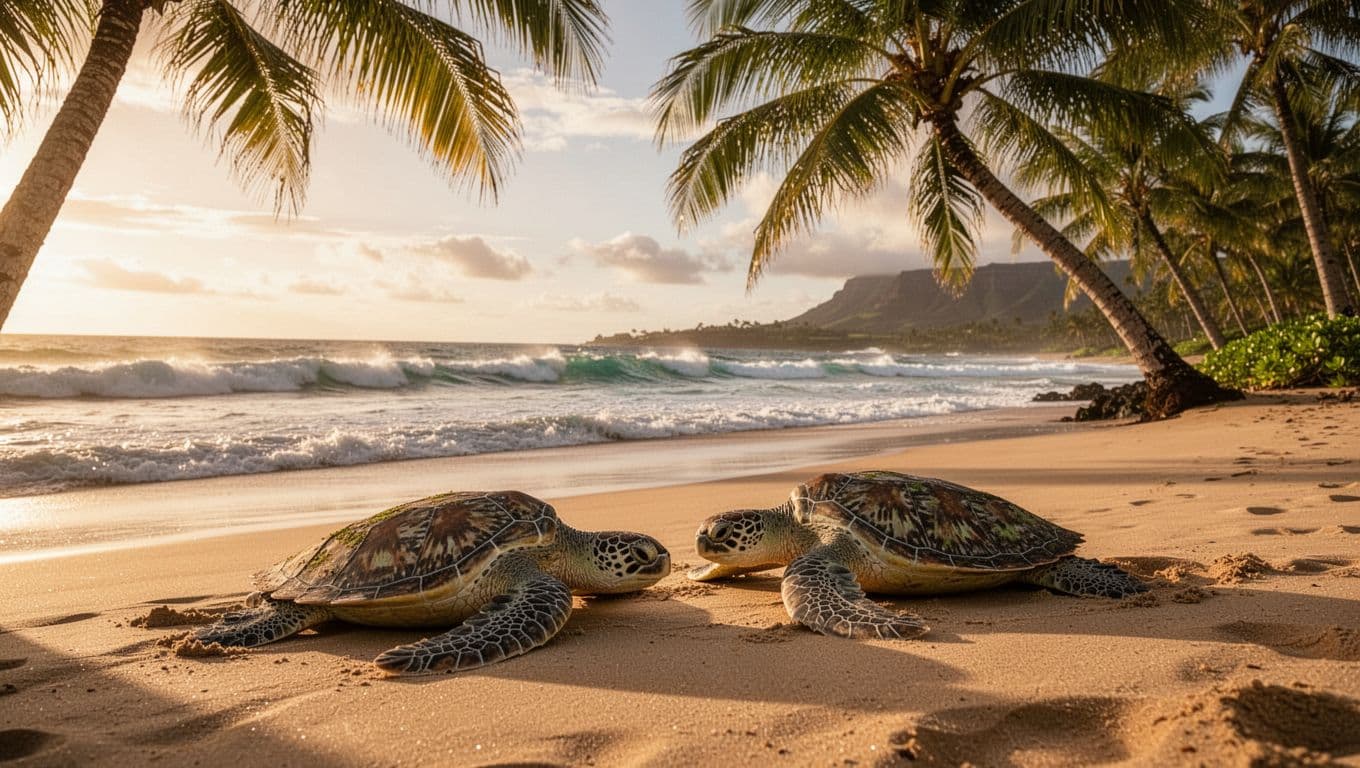 Two green sea turtles bask on sandy North Shore beach near Turtle Bay under palm trees with calm waves.