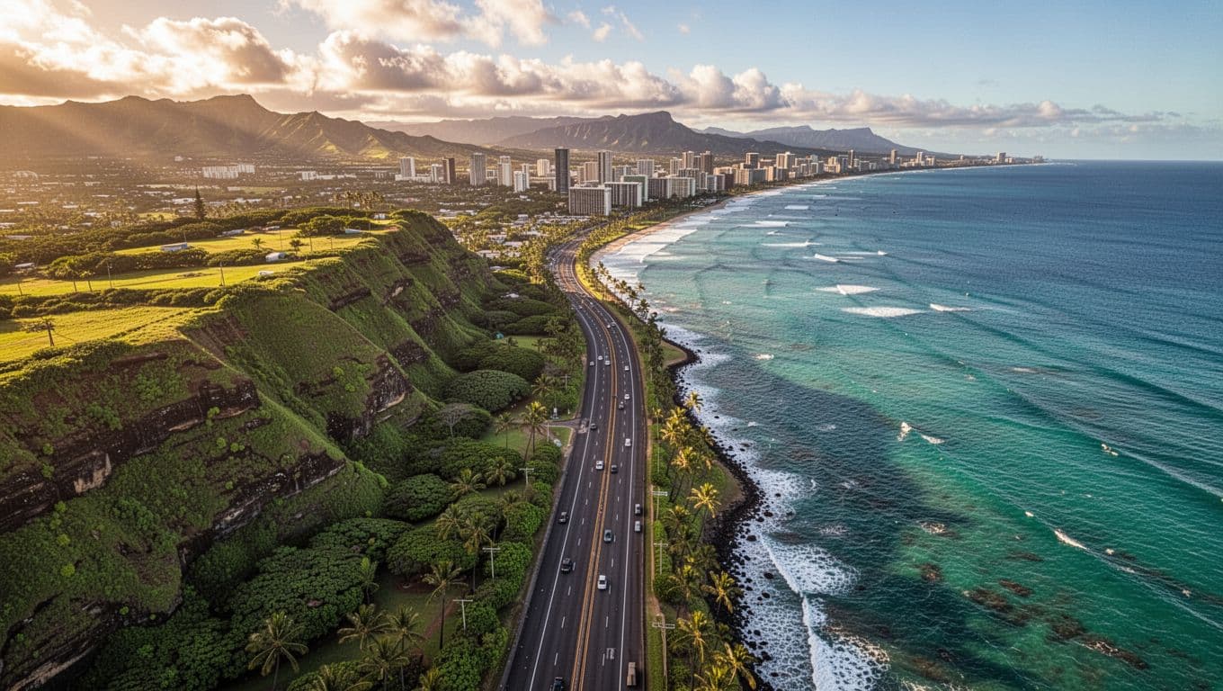 Aerial view of winding road from North Shore along turquoise ocean, green cliffs, to distant Waikiki skyline.