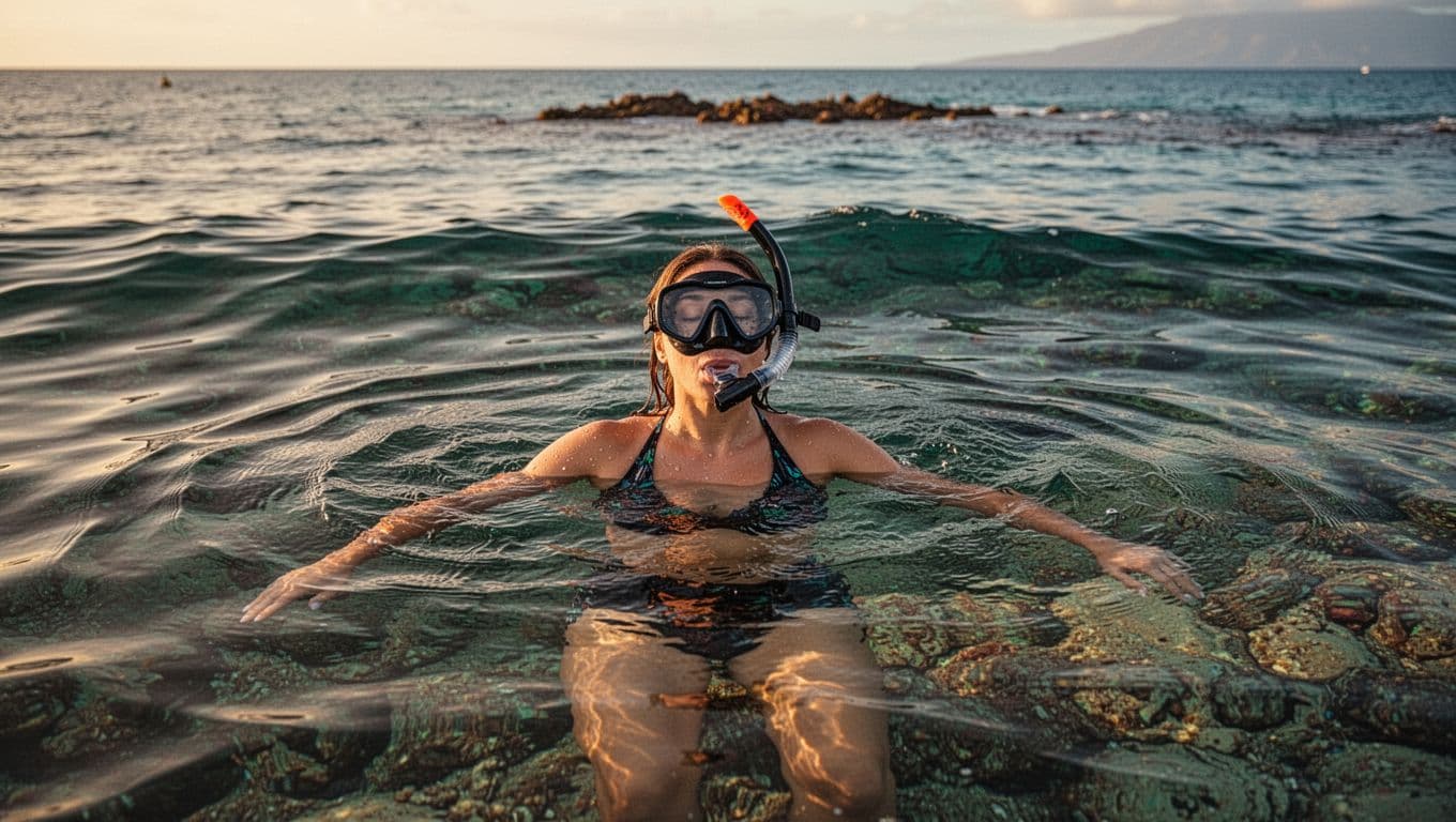 Snorkeler with mask breathes calmly face-up above calm Oahu water, distant reef visible underwater.