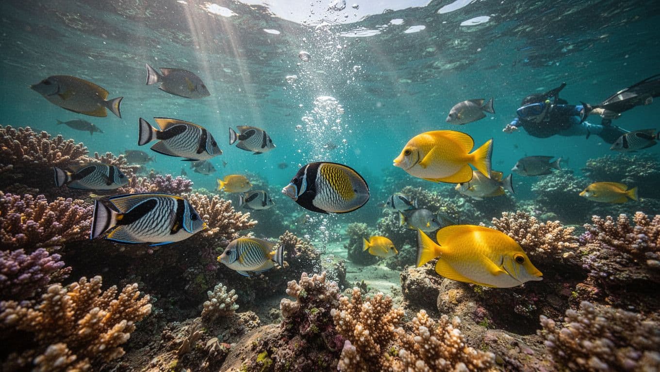 Vibrant schools of tropical Oahu reef fish like convict tangs and yellow tangs swim around colorful coral heads in crystal-clear turquoise Hawaiian waters, viewed from a snorkeler's perspective looking down at the dynamic reef.