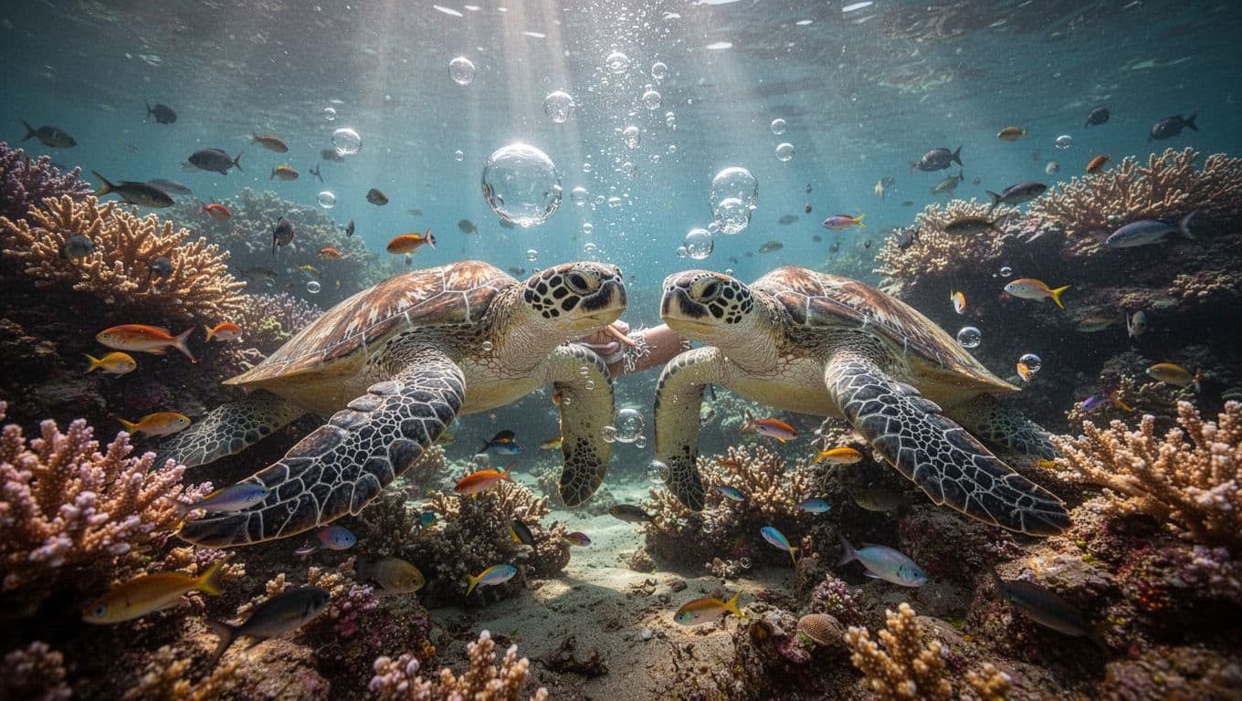 Two green sea turtles with colorful cleaner fish at a natural cleaning station amid vibrant corals on Oahu reef.