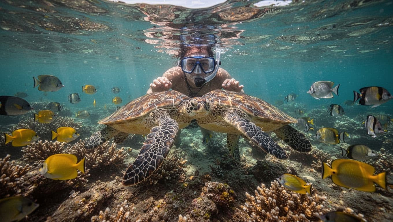 Green sea turtle glides near snorkeler's mask over vibrant coral reef with tropical fish and sun rays in turquoise water.