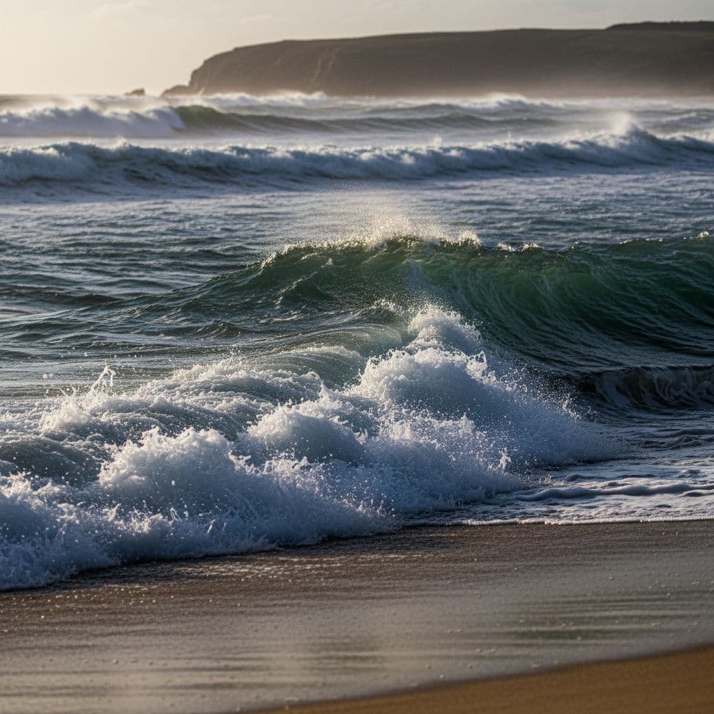 Powerful waves crash onto a sandy shoreline under dramatic lighting conditions.