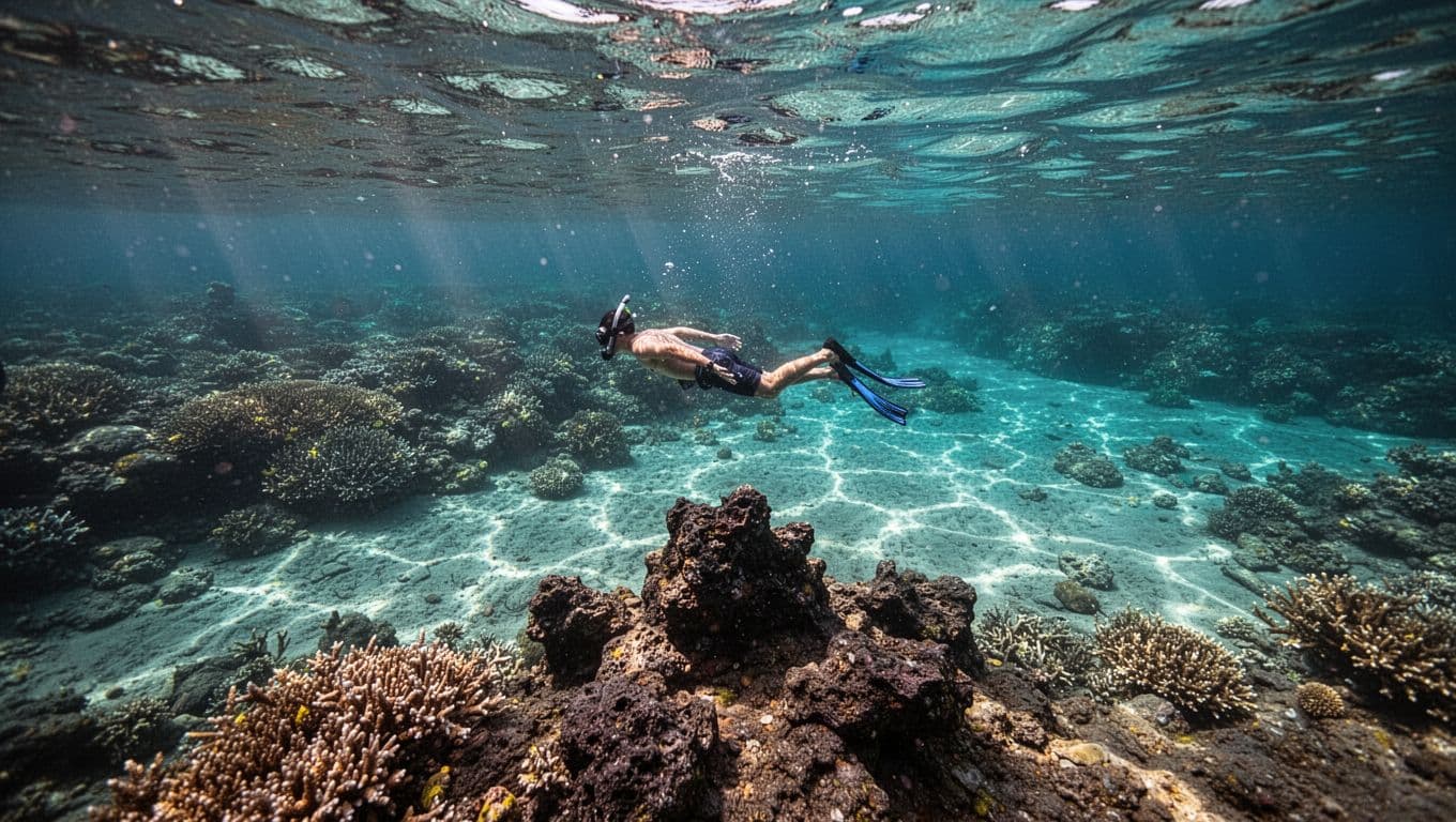 Turquoise waters reveal coral reef below surface near rocky entry with snorkeler floating nearby.