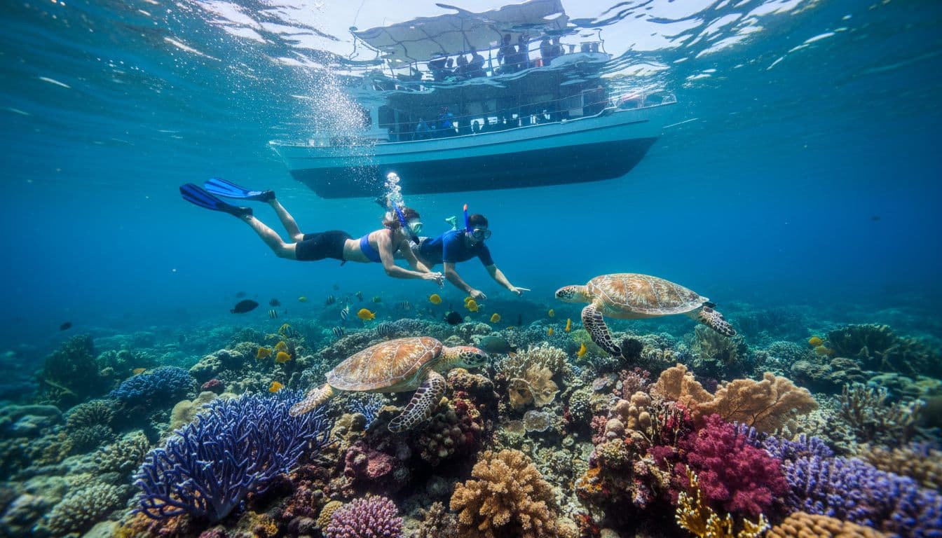 Snorkeler and guide float above vibrant Oahu coral reef with sea turtles nearby and tour boat on surface.