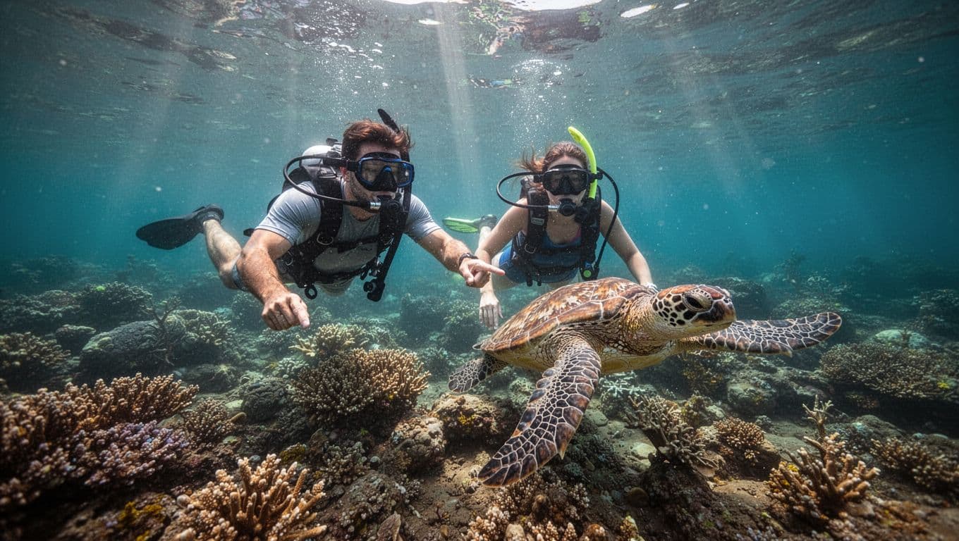 Professional snorkel guide swims with two adult snorkelers near a Hawaiian green sea turtle at a coral reef in turquoise Oahu waters, pointing to the turtle from a surface view with sunlight rays and cinematic lighting.
