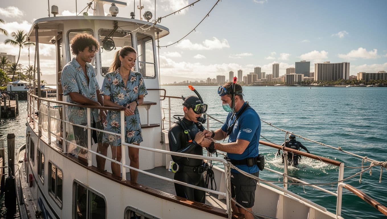 Professional snorkel guide helping strong swimmer prepare gear on stable double-decker boat deck at Kewalo Basin Harbor Oahu, with ocean background and Waikiki skyline on a sunny cinematic day.