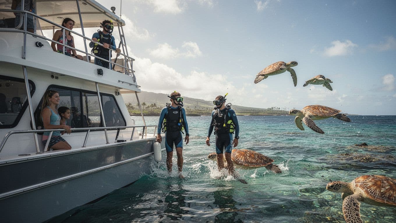 Two guides help two guests enter water from double-decker Coral Kai boat at Oahu reef, sea turtles in background.