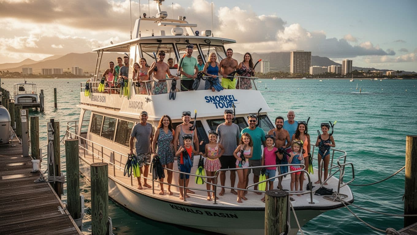Diverse group of 12 with snorkel gear smiles excitedly on double-decker boat docked at Kewalo Basin Harbor, turquoise ocean and Waikiki ahead.