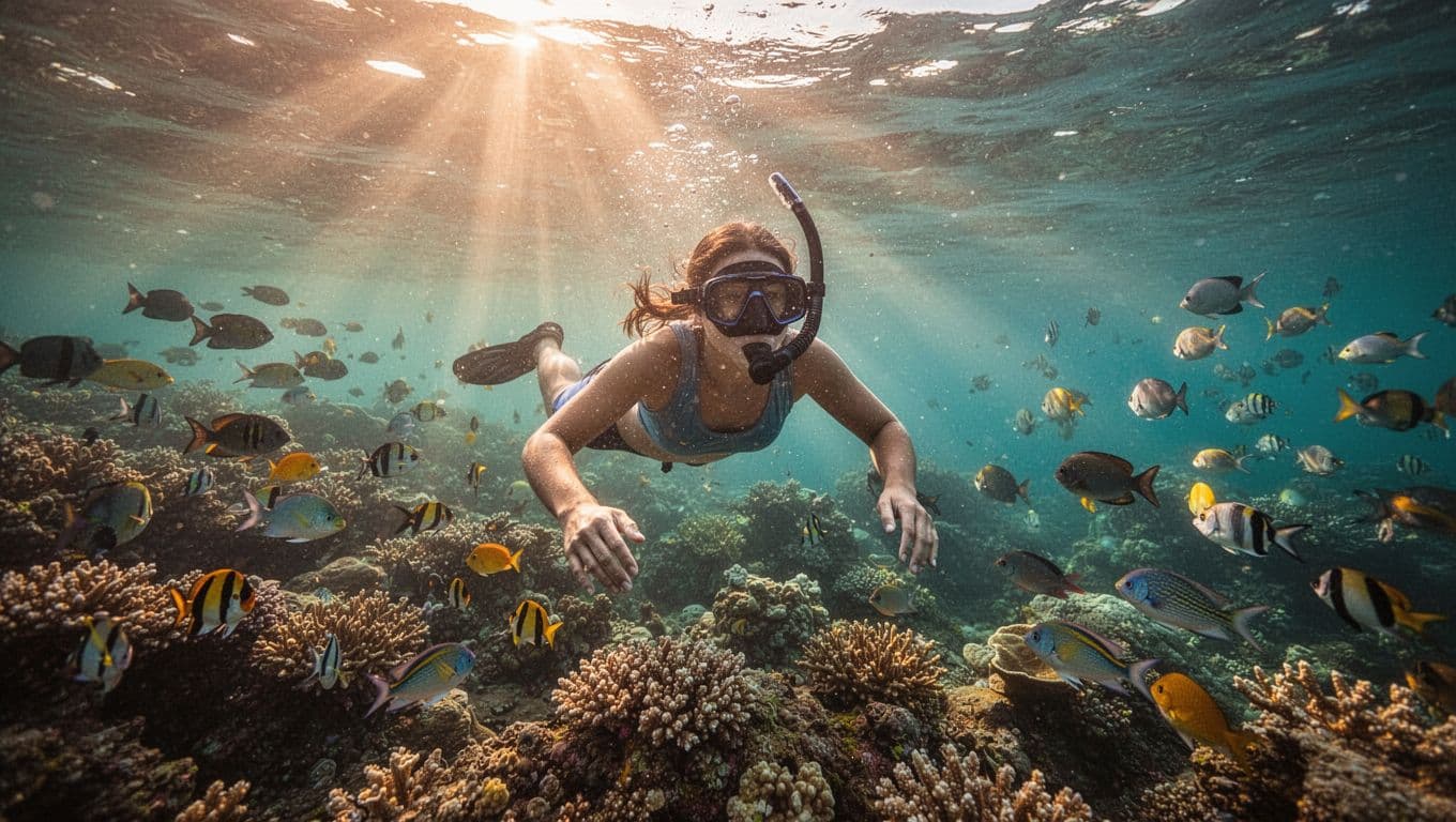 Snorkeler glides over colorful coral reef in turquoise Oahu waters with sunlight rays and tropical fish schools.