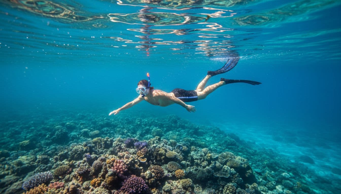 Snorkeler glides horizontally near coral reef in clear Oahu waters, fins kicking upward through surface.