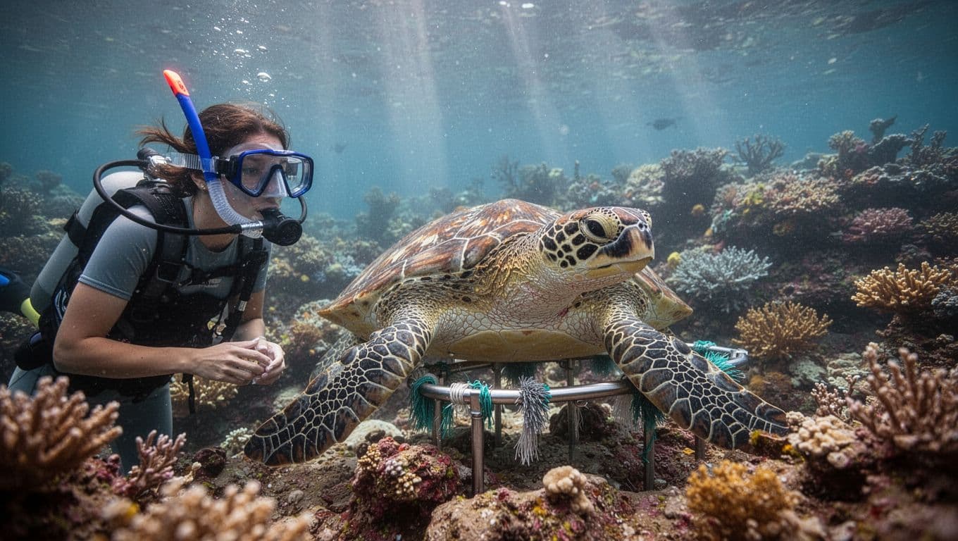 A snorkeler calmly observes a Hawaiian green sea turtle at a cleaning station amidst a vibrant coral reef in Oahu's waters, with dramatic sunlight rays piercing the surface.
