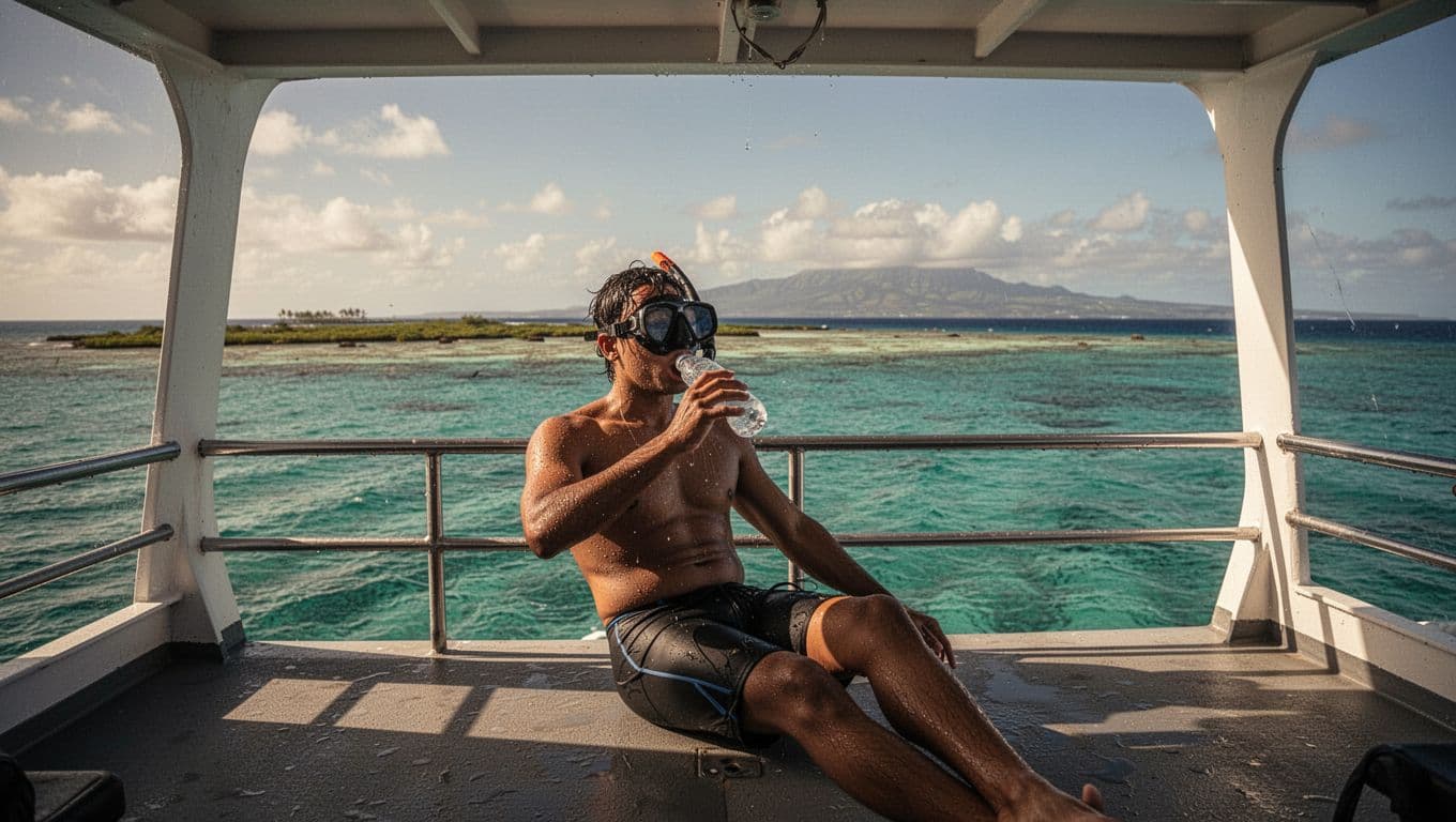 Solo snorkeler sips water bottle on double-decker boat deck in bright morning sun over turquoise Oahu waters, sweat on forehead.