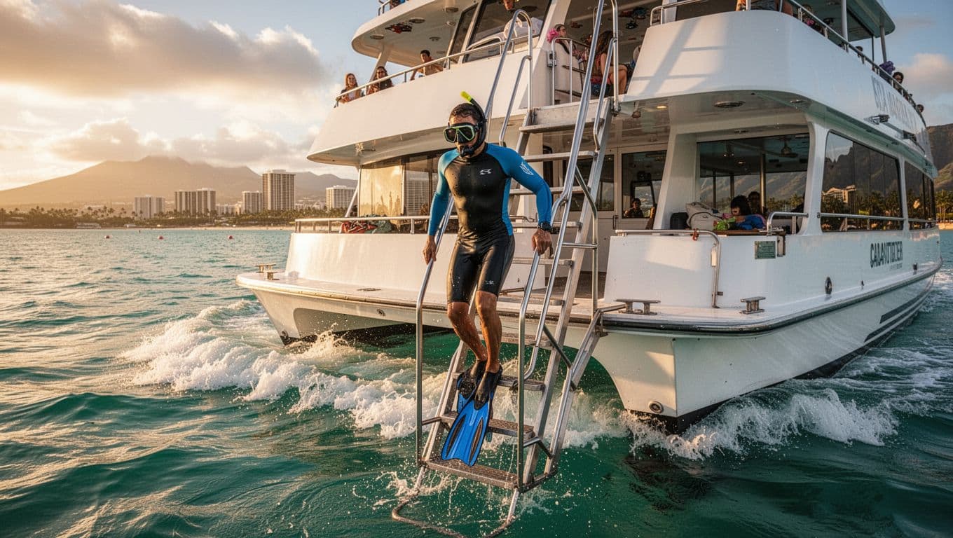 A lone snorkeler in rash guard and fins firmly grips a heavy-duty stainless steel ladder to climb from clear turquoise waters onto the stern of a stable double-decker tour boat off Oahu, with distant Waikiki coastline, gentle waves, and dramatic golden hour lighting.