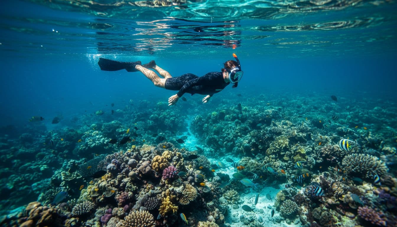 Solo snorkeler floats face-down near surface in crystal-clear shallow Oahu waters with colorful fish and coral below.