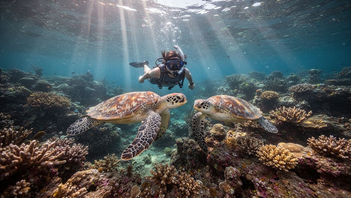 Snorkeler watches Hawaiian green sea turtle swim near vibrant coral reef in clear Oahu waters with sunbeams piercing surface.