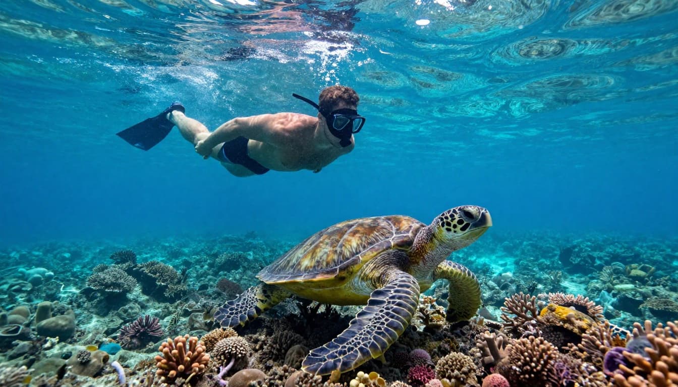 Snorkeler swims near green sea turtles at Oahu coral reef in turquoise waters.