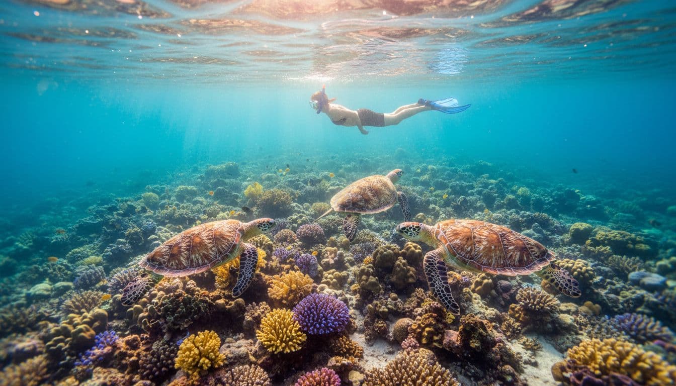 Solo snorkeler floats above Oahu coral reef with green sea turtles in clear turquoise water.