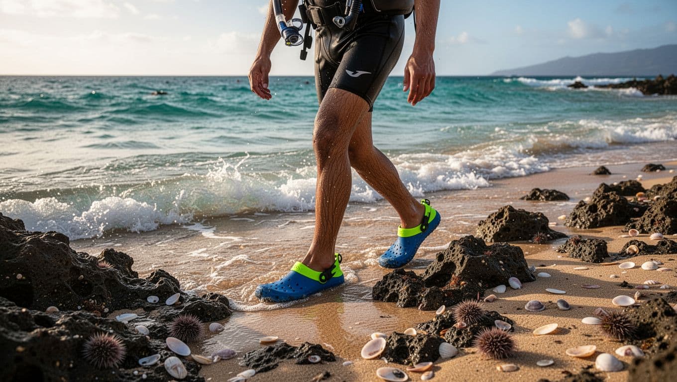 Snorkeler wearing water shoes steps carefully on rocky Oahu beach into turquoise water.