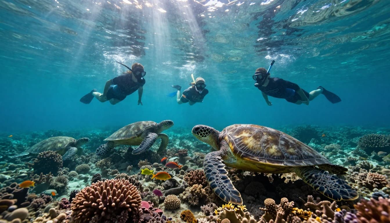 Three snorkelers in wetsuits swim near two green sea turtles at vibrant coral reef in turquoise waters.