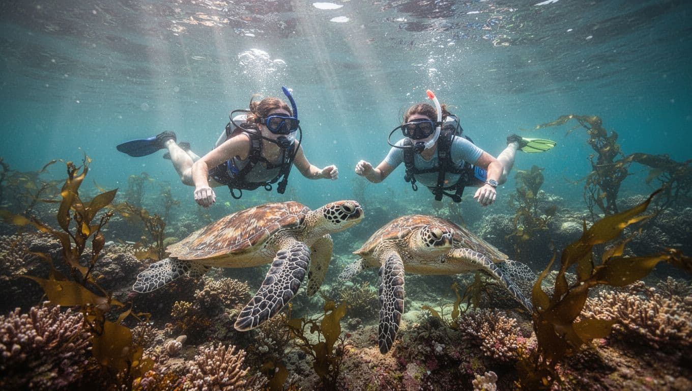 Two snorkelers swim relaxed near a Hawaiian green sea turtle in clear turquoise waters at a vibrant coral reef off Oahu's coast, with sunlight beams creating dramatic cinematic lighting.