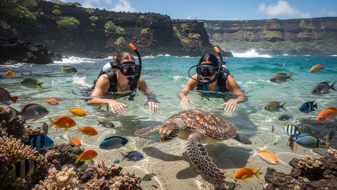 Two snorkelers in calm turquoise Oahu bay view colorful reef fish and sea turtle below, volcanic cliffs behind under sunlight.